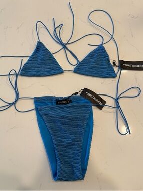 PrettyLittleThing Blue Glitter Net Tie-String Bikini